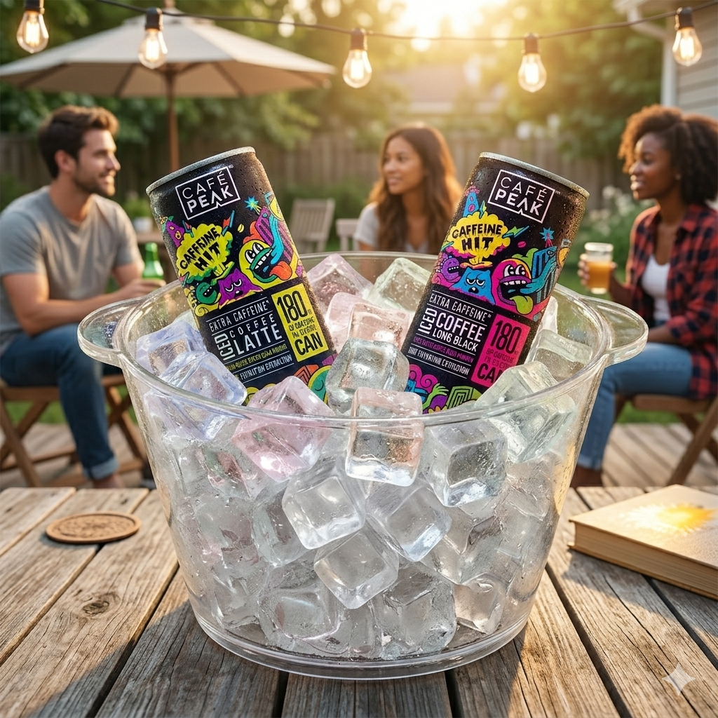 A large glass bowl filled with ice, containing two cans of Cafe Peak iced coffee drinks with colorful, cartoonish labels, set on a wooden outdoor table. In the background, three people are sitting and talking under string lights with a patio umbrella, in a backyard setting.