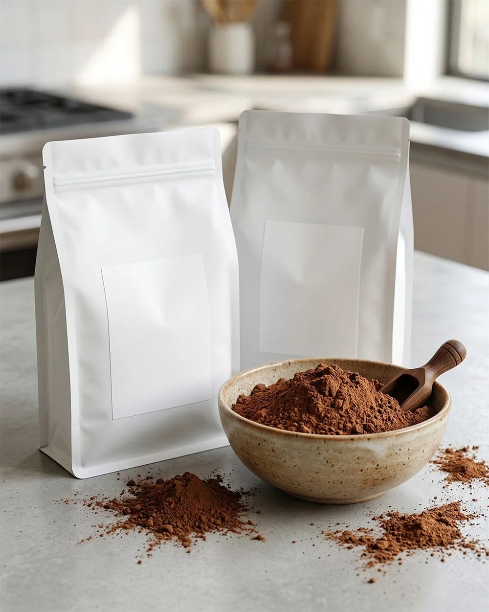 Two white resealable bags of cocoa powder with a bowl of cocoa powder and a small wooden scoop on a countertop.