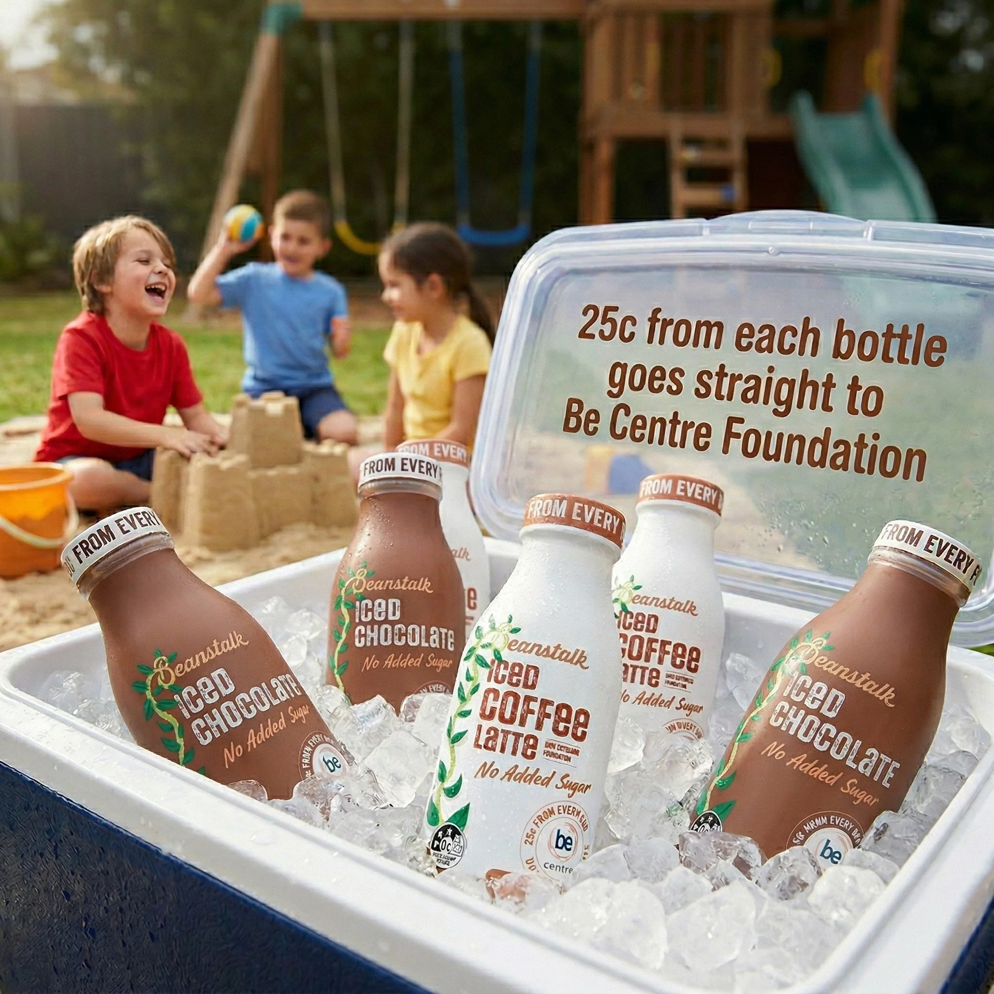 Children playing in a backyard with a sandcastle, with a cooler of Be Centre Foundation iced beverages in the foreground. The cooler has a sign that says each bottle costs 25 cents and goes to the foundation.