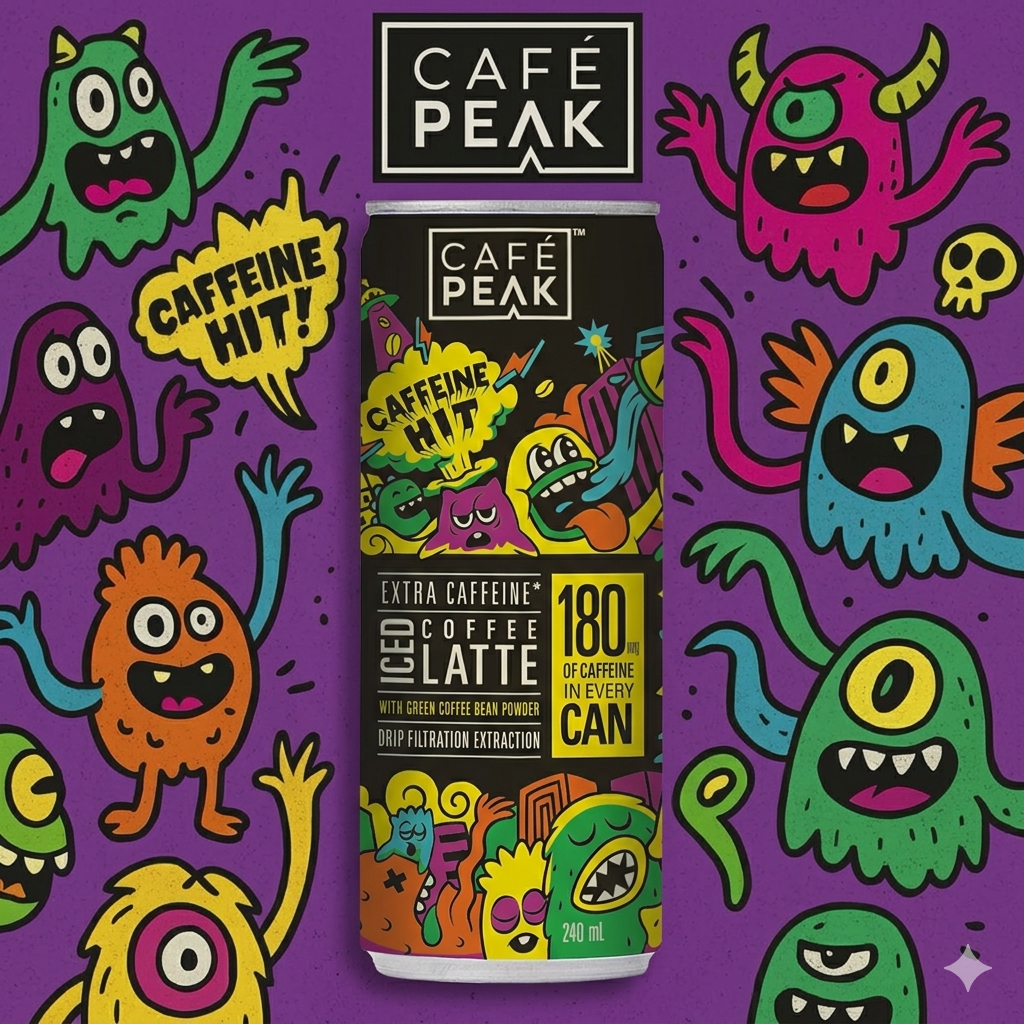 A can of Café Peak ICED Coffee Latte with extra caffeine is shown, surrounded by colorful cartoon monsters on a purple background. The monsters are cheerful and expressive, with one holding a speech bubble that says "CAFFEINE HIT!".