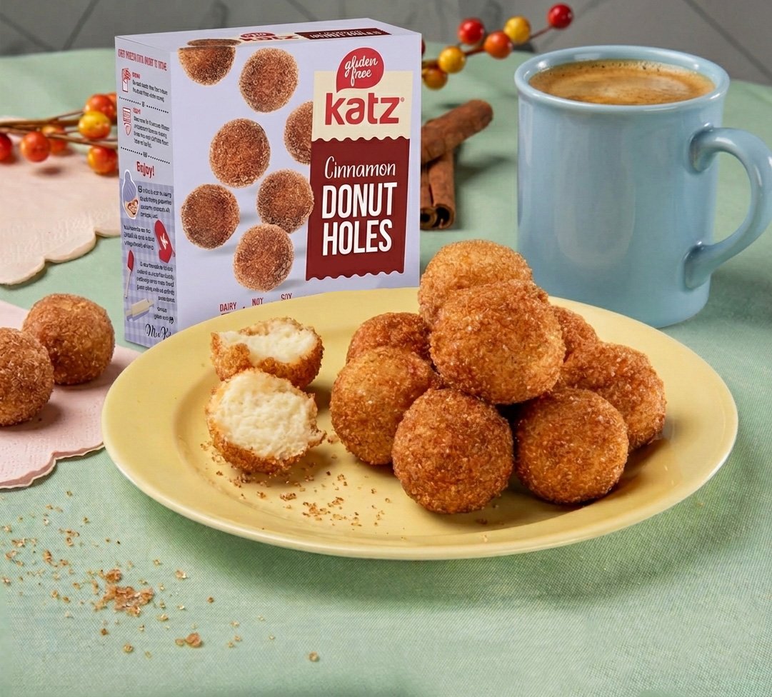 Fried cheese balls on a yellow plate with one bitten to show melted cheese inside, a box of Katz Cinnamon Donut Holes, a blue mug of coffee, and decorative fall-themed items on a green tablecloth.