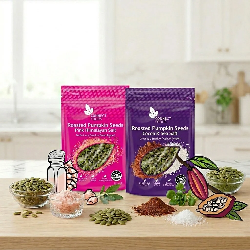 Two packages of roasted pumpkin seeds, one pink Himalayan salt, one cocoa and sea salt, and seasonings, on a wooden table with bowls of pumpkin seeds and seasonings, illustrated images of salt and pumpkin, in a kitchen.