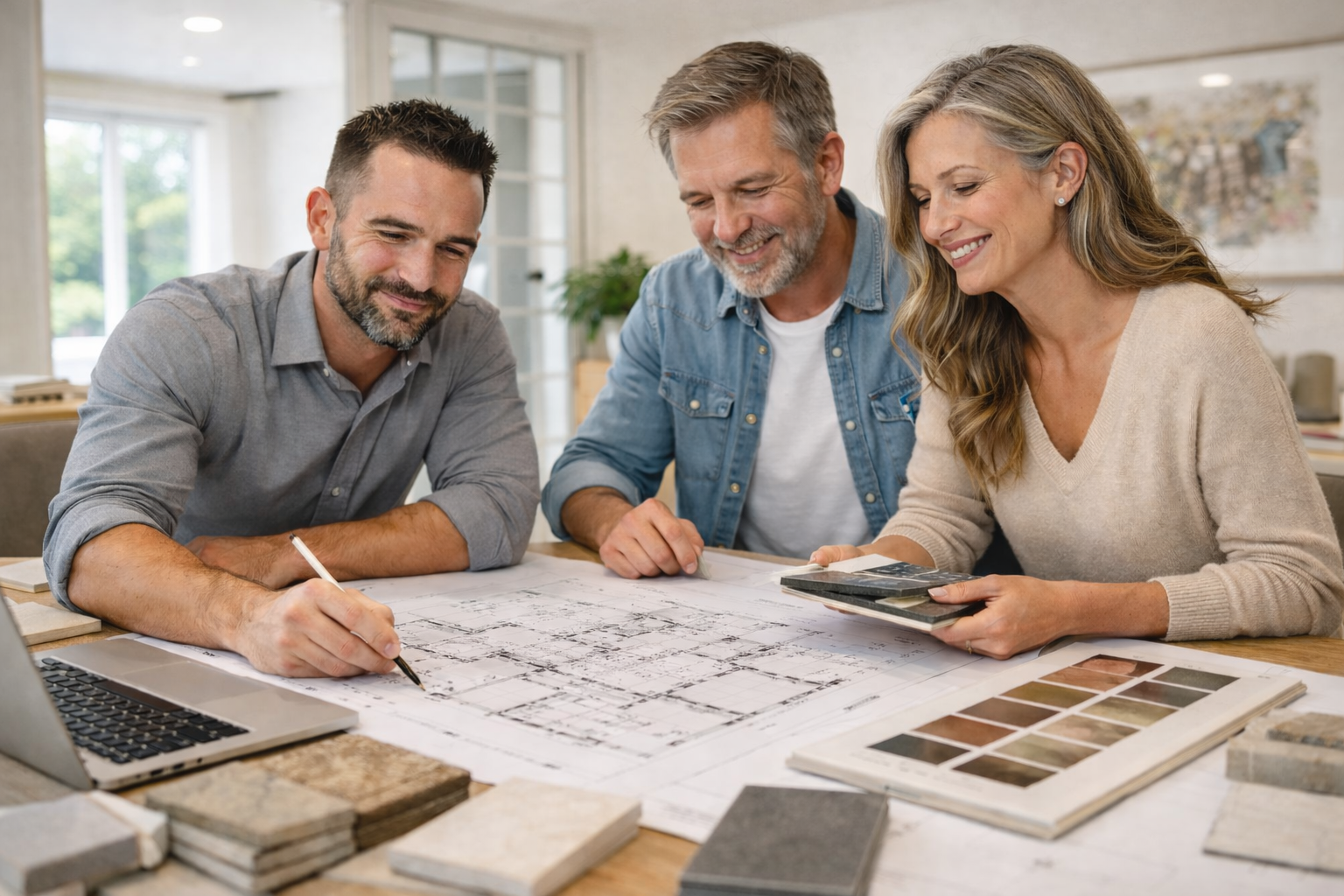 Three people examining architectural blueprints and color samples at a table in a bright, modern office.