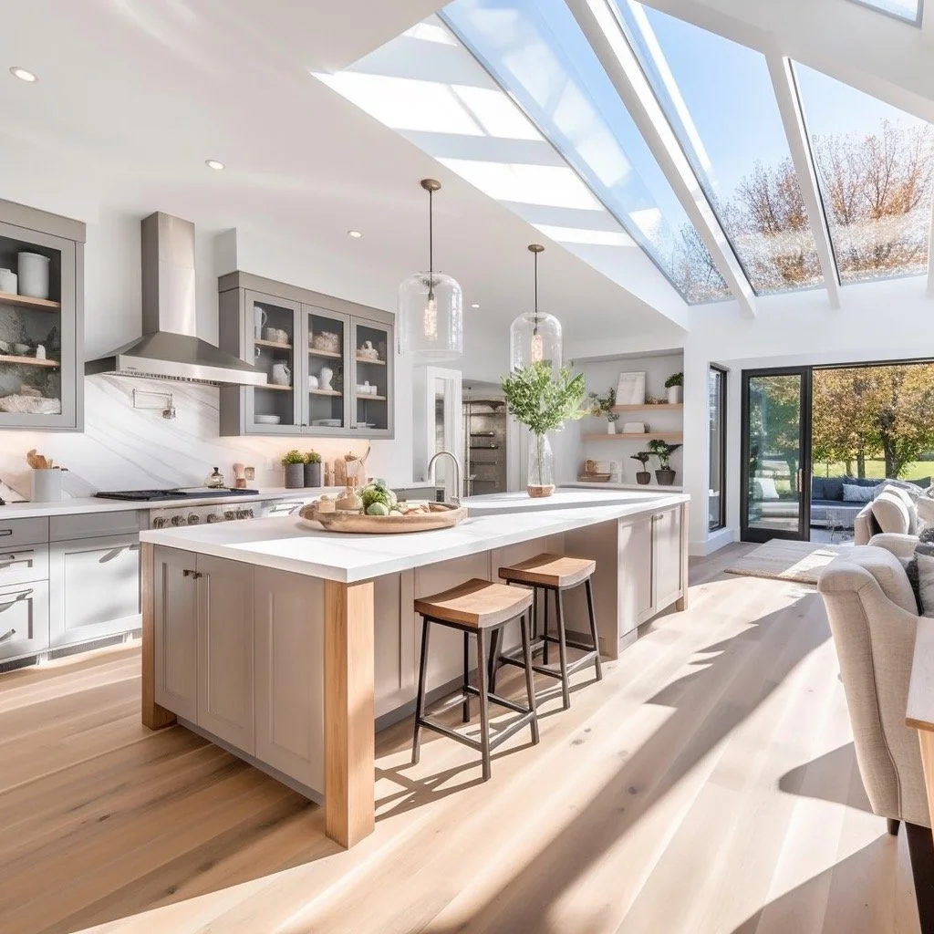 Bright modern kitchen with skylight, island with stools, white and gray cabinetry, open shelving, and sunlit living area with large windows and trees outside.