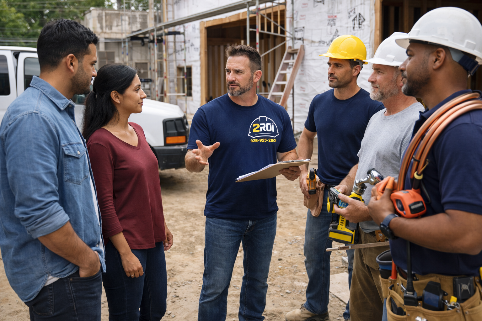 Construction crew meeting outdoors at a building site, with a man explaining while holding a clipboard, and workers wearing hard hats and tools, standing around.