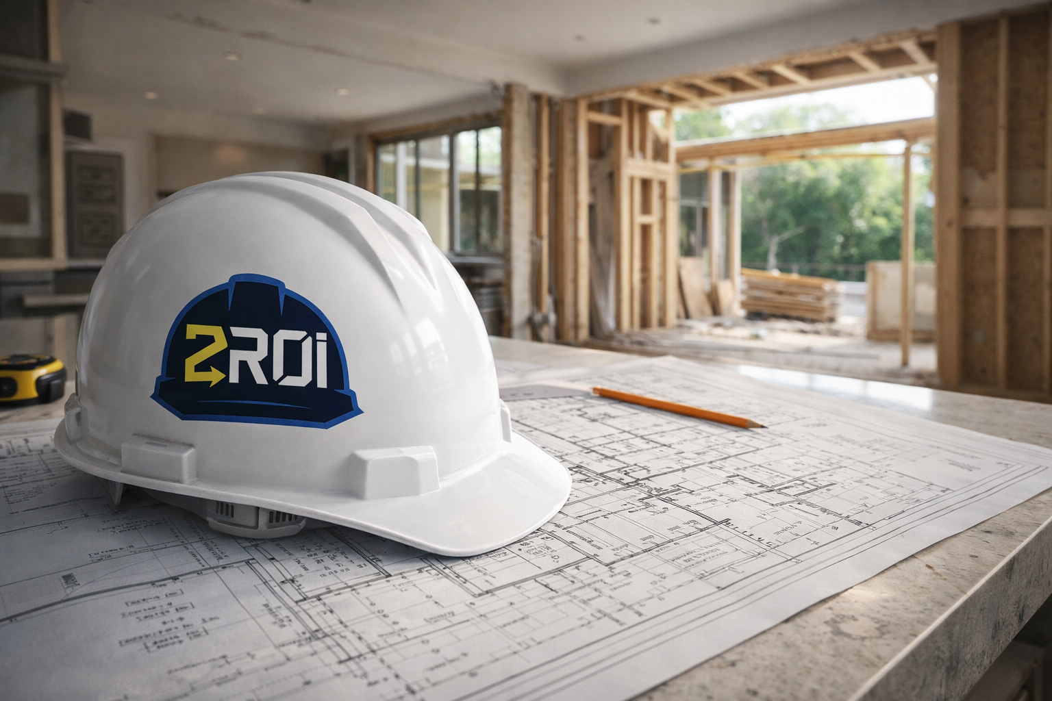 Construction site with blueprints, a white hard hat with a 2ROI logo, and a pencil on the table in the foreground, with a partially built structure and large windows in the background.