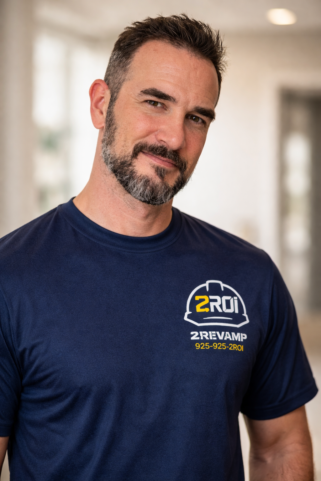 A middle-aged man with dark hair and a beard, wearing a navy blue t-shirt with a logo and text for a roofing company, standing indoors and smiling at the camera.