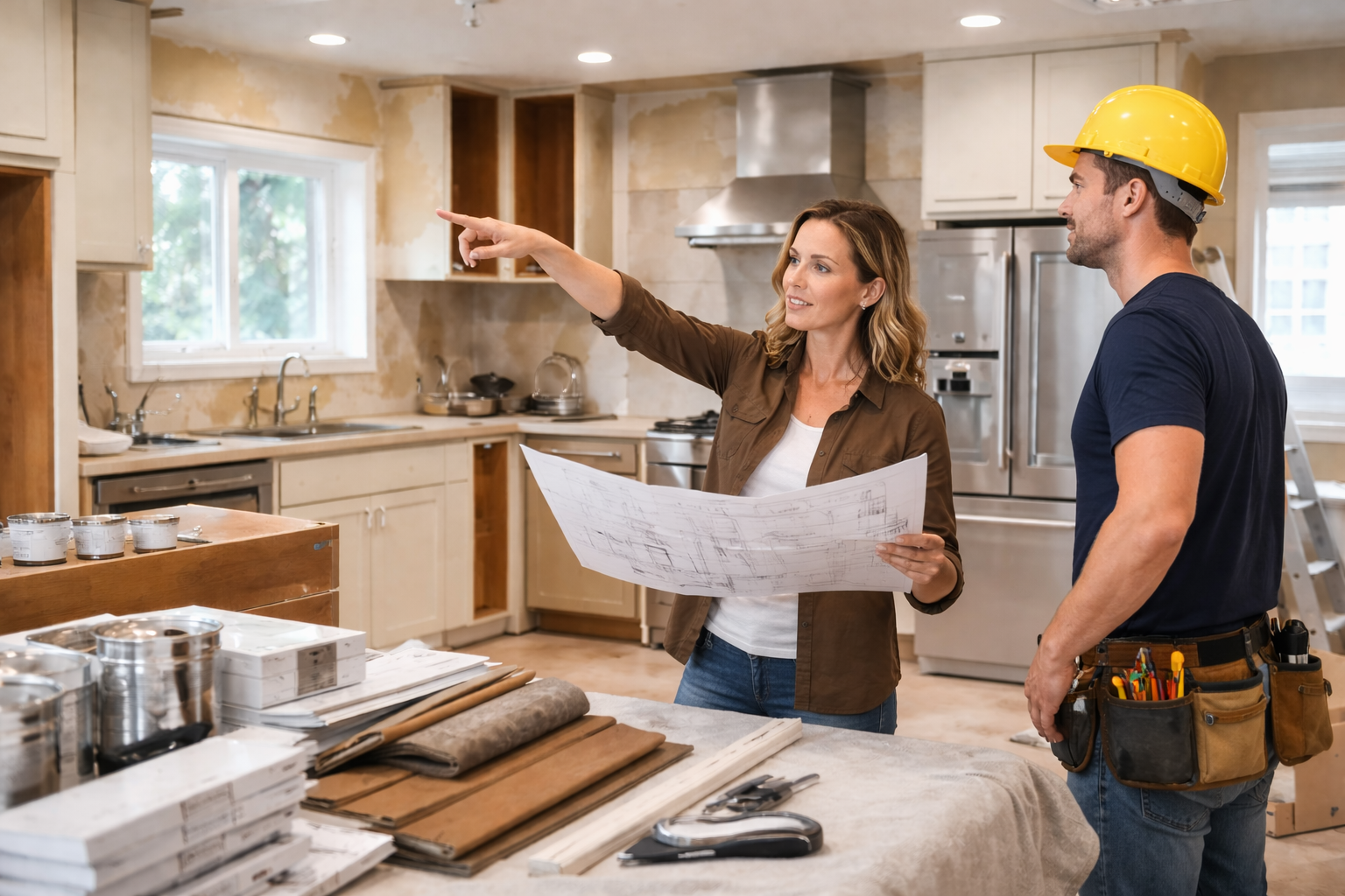 A woman and a man discussing blueprints in a kitchen renovation site. The woman points, holding blueprints, the man wears a yellow construction helmet and a tool belt.