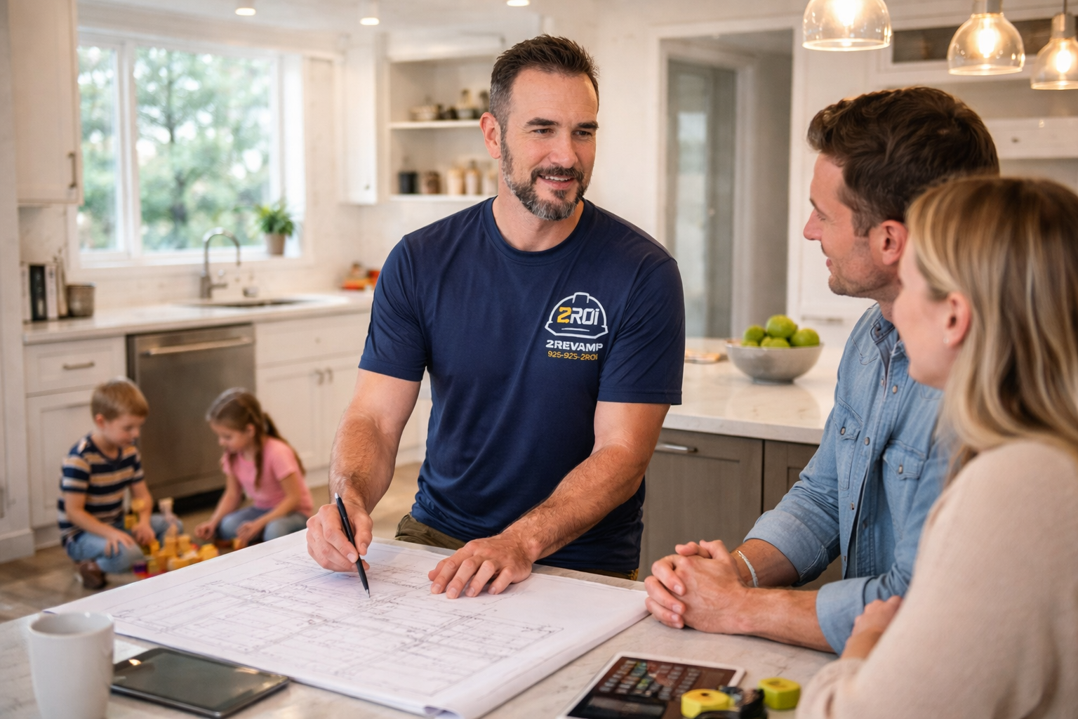 A man in a navy T-shirt with a logo, standing at a kitchen counter and drawing on a large blueprint or architectural plan, while talking to a couple sitting across the counter. In the background, two children play with toys on the floor, and the kitchen is bright with large windows and modern decor.