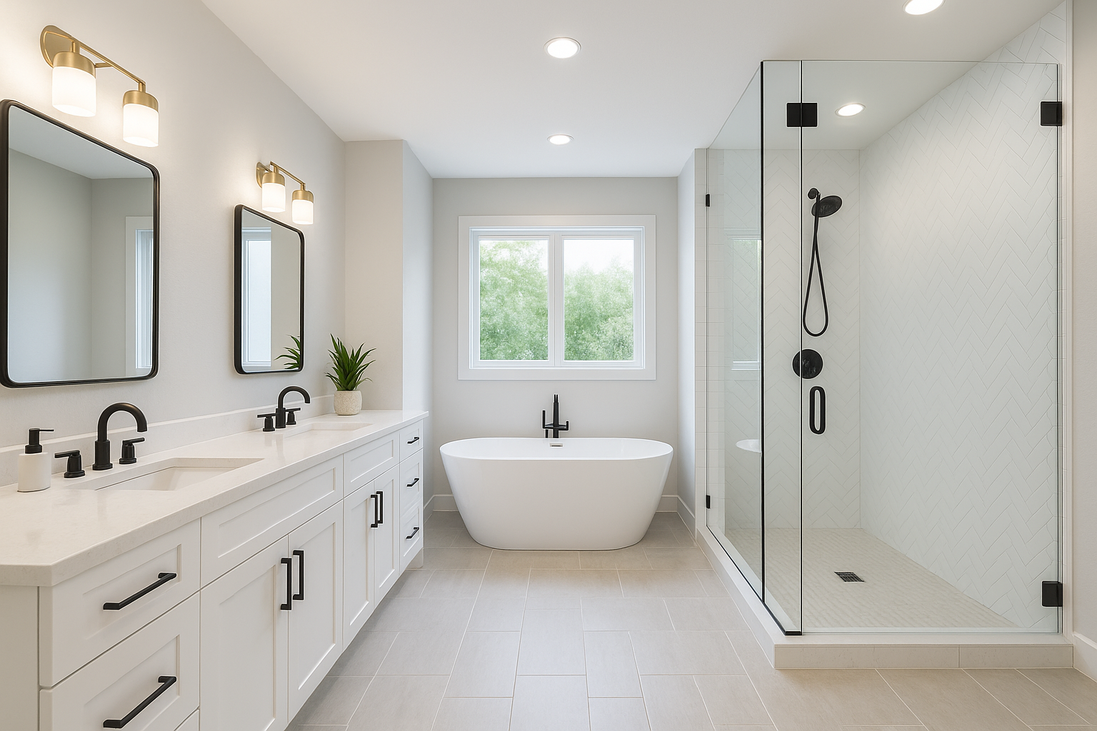 Modern bathroom with double vanity, black faucets, a freestanding bathtub, and a glass enclosed shower with black fixtures, neutral tile flooring, and a window showing green trees.