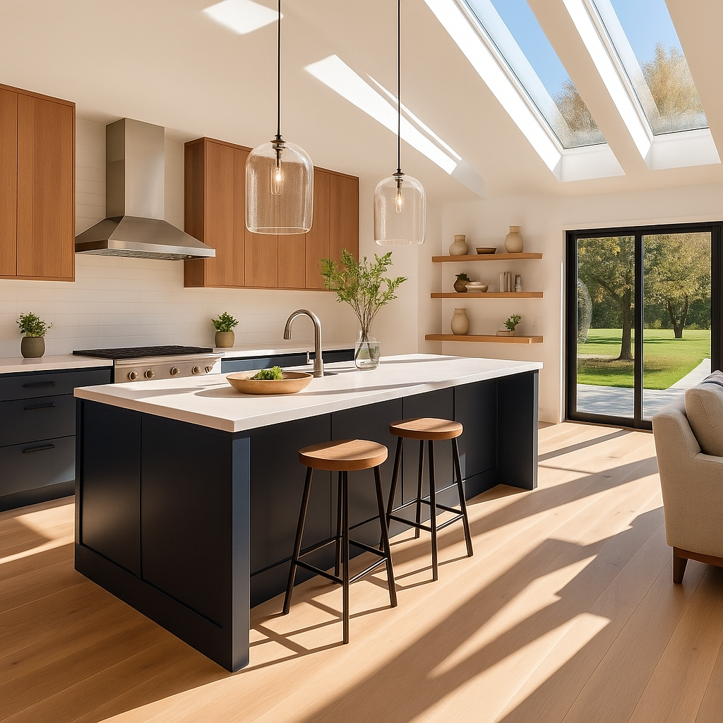 A modern kitchen with a large island, two barstools, wooden cabinets, a stove with a range hood, pendant lights, and large skylights letting in natural light. Sliding glass doors lead outside to a grassy yard with trees.
