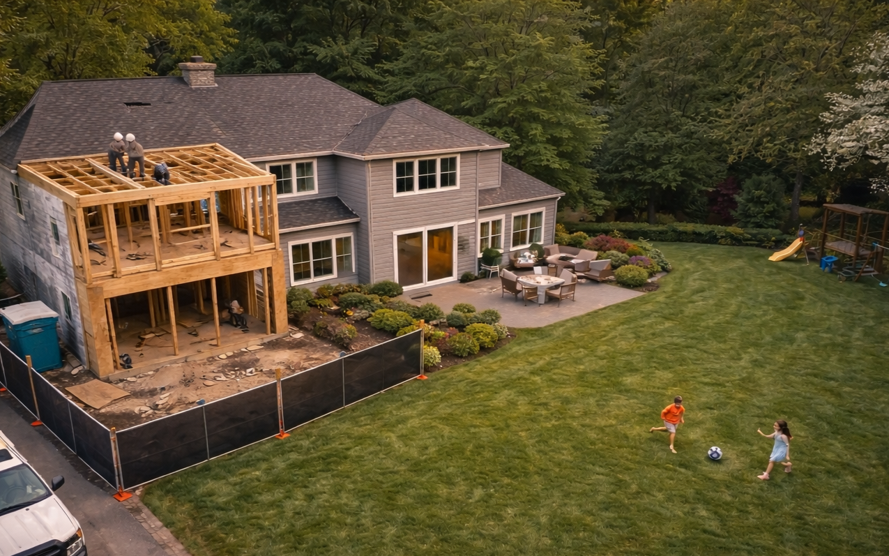 A house undergoing construction with workers building a second story, while children play soccer on the lawn in the backyard. There is outdoor furniture and a slide on the yard, and trees surrounding the property.