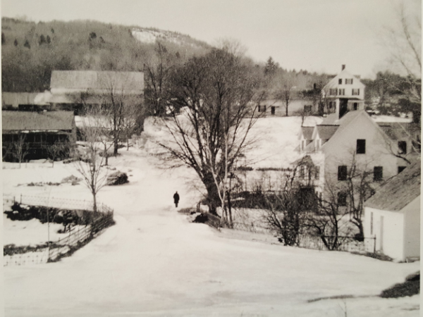 Historical 1906 photograph of a snow-covered Chocorua Village, NH, showing the local heritage surrounding The Farmstand B&B.