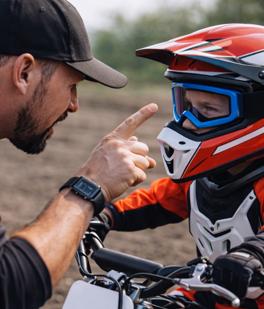 A man is giving instructions or encouragement to a young boy wearing a motocross helmet and gear while sitting on a dirt bike outdoors.