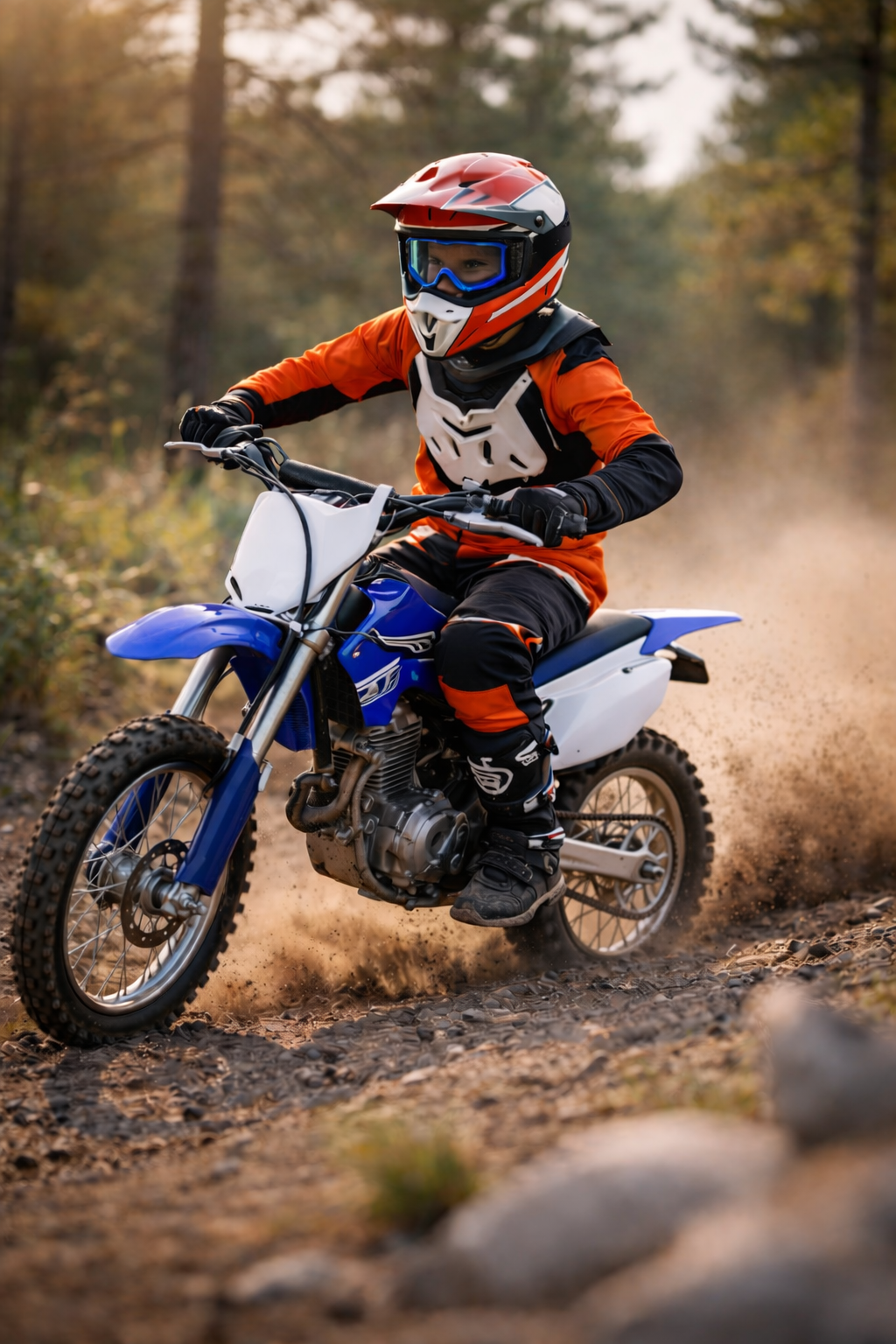 A young person riding a dirt bike on a trail through a wooded area, wearing full safety gear including a helmet, goggles, and riding suit.