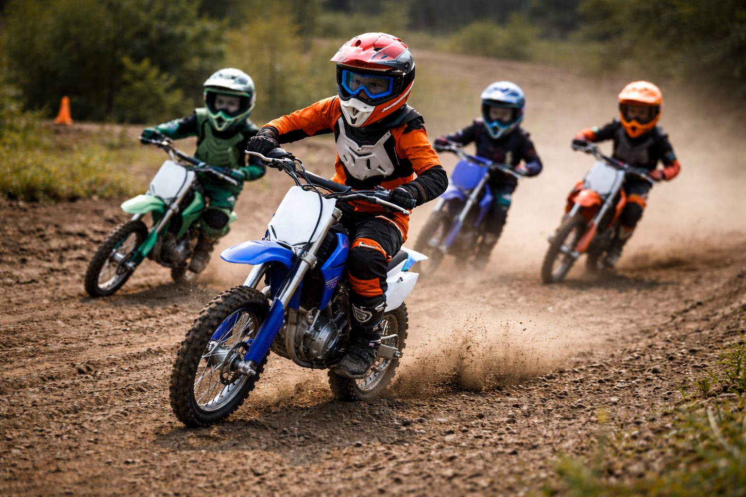 Four children riding dirt bikes on a dirt trail in a forested area, wearing colorful helmets and protective gear.