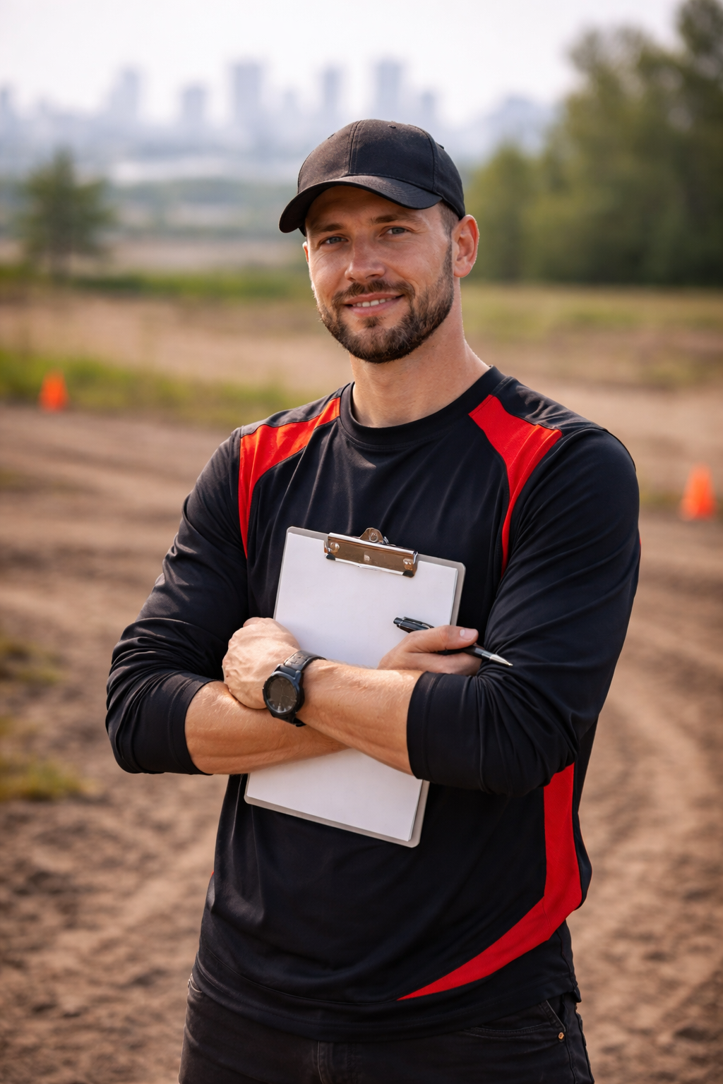 A man wearing a black cap and athletic shirt stands outdoors, holding a clipboard and pen, with a blurred city skyline and trees in the background.