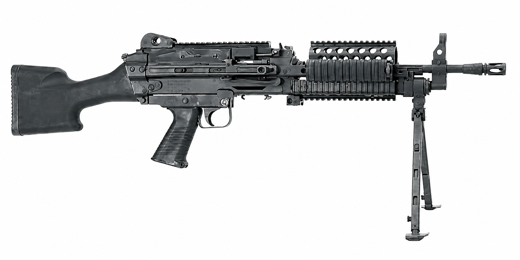 FN Mk 46 Mod 0 machine gun with its bipod deployed against a white background.