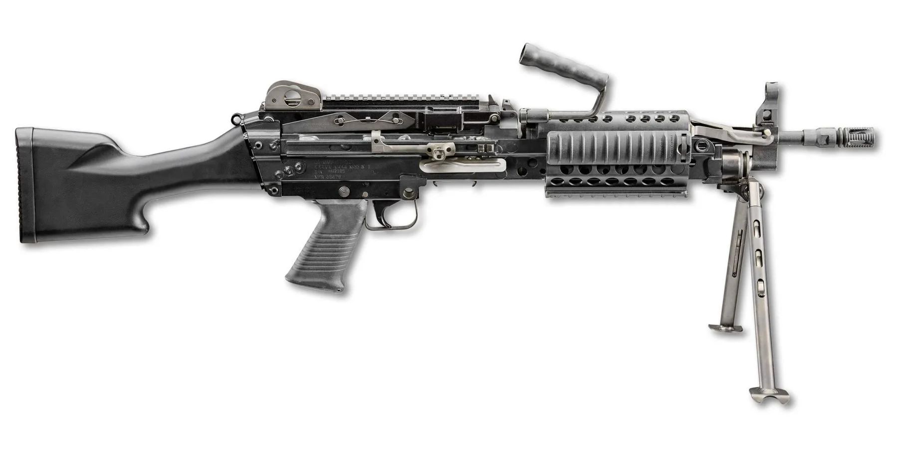 FN Mk 46 Mod 1 machine gun with its carry handle and bipod deployed against a white background.