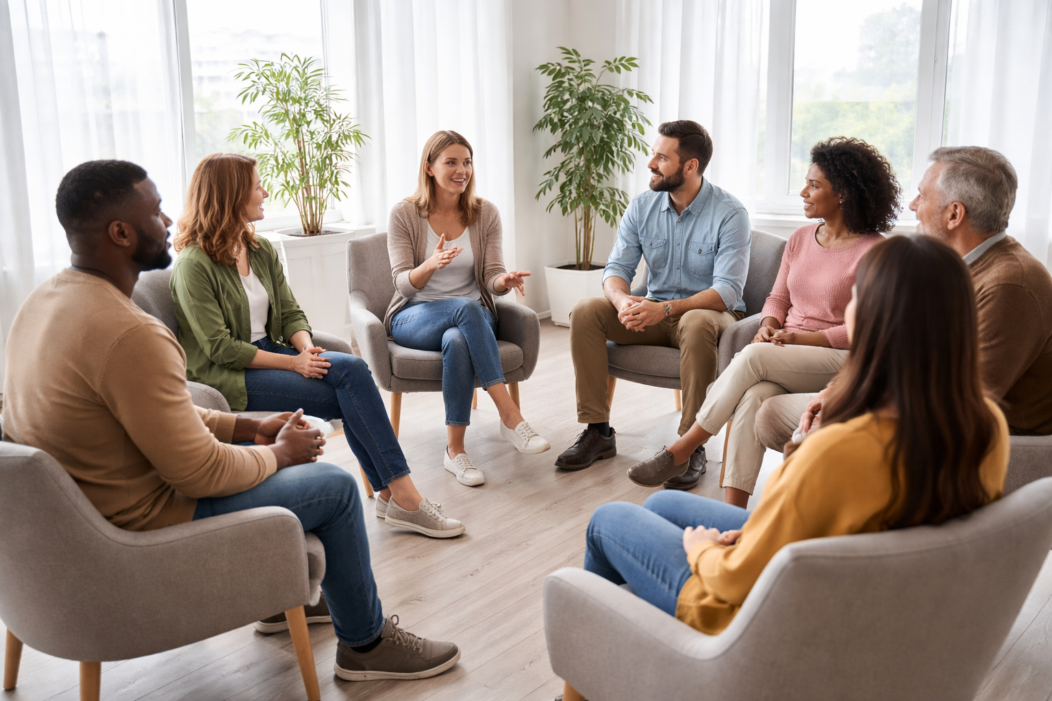 Group therapy session with eight diverse adults sitting in a circle, engaging in conversation in a bright, modern room with large windows and plants.
