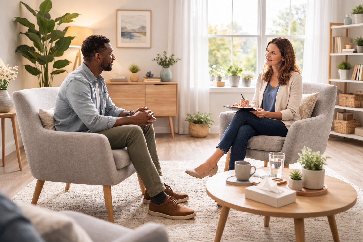 A man and a woman sitting in armchairs facing each other in a cozy, well-lit living room during a counseling session or therapy, with natural light streaming through a window, surrounded by plants and decor.