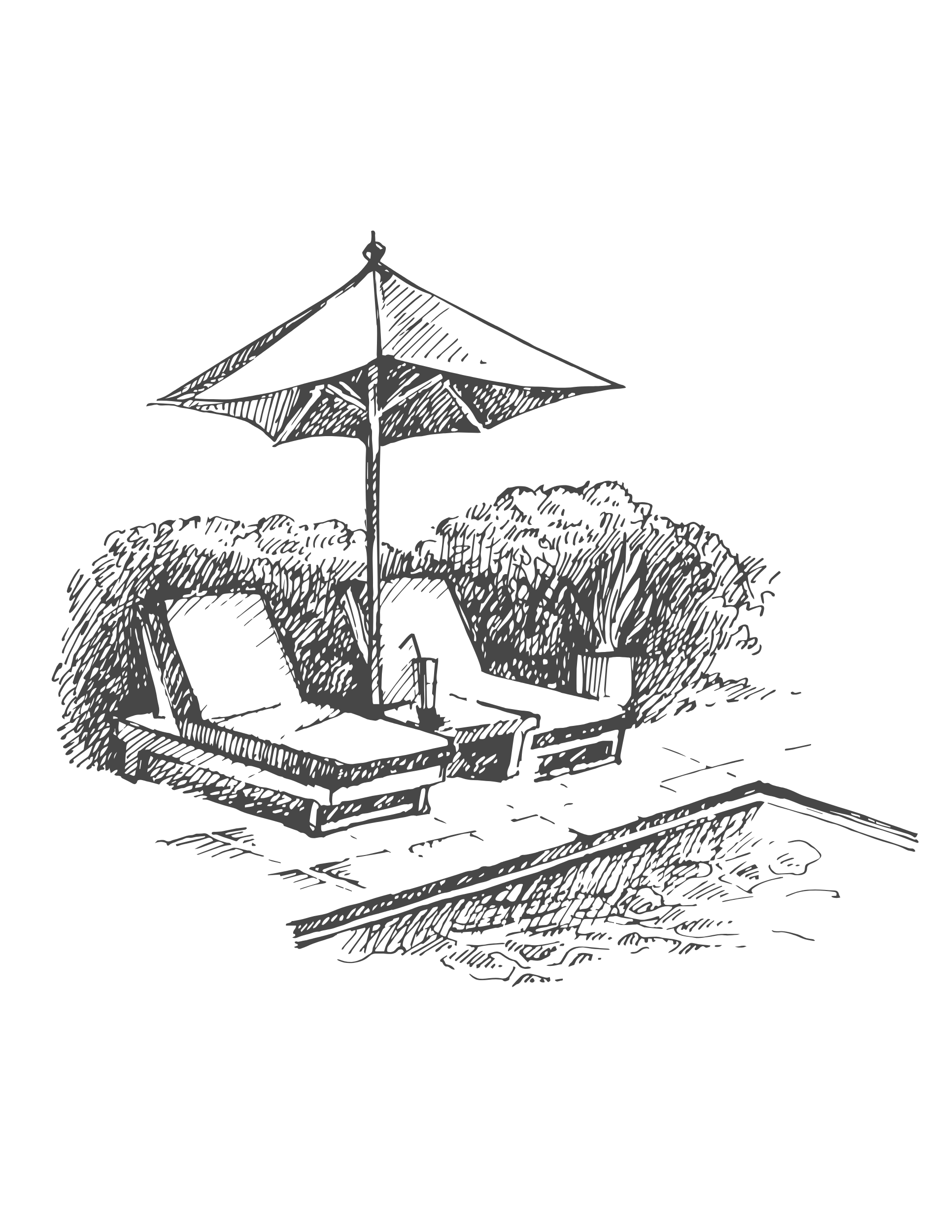 Sketch of a beach scene with a beach umbrella, lounge chairs, and sand dunes.