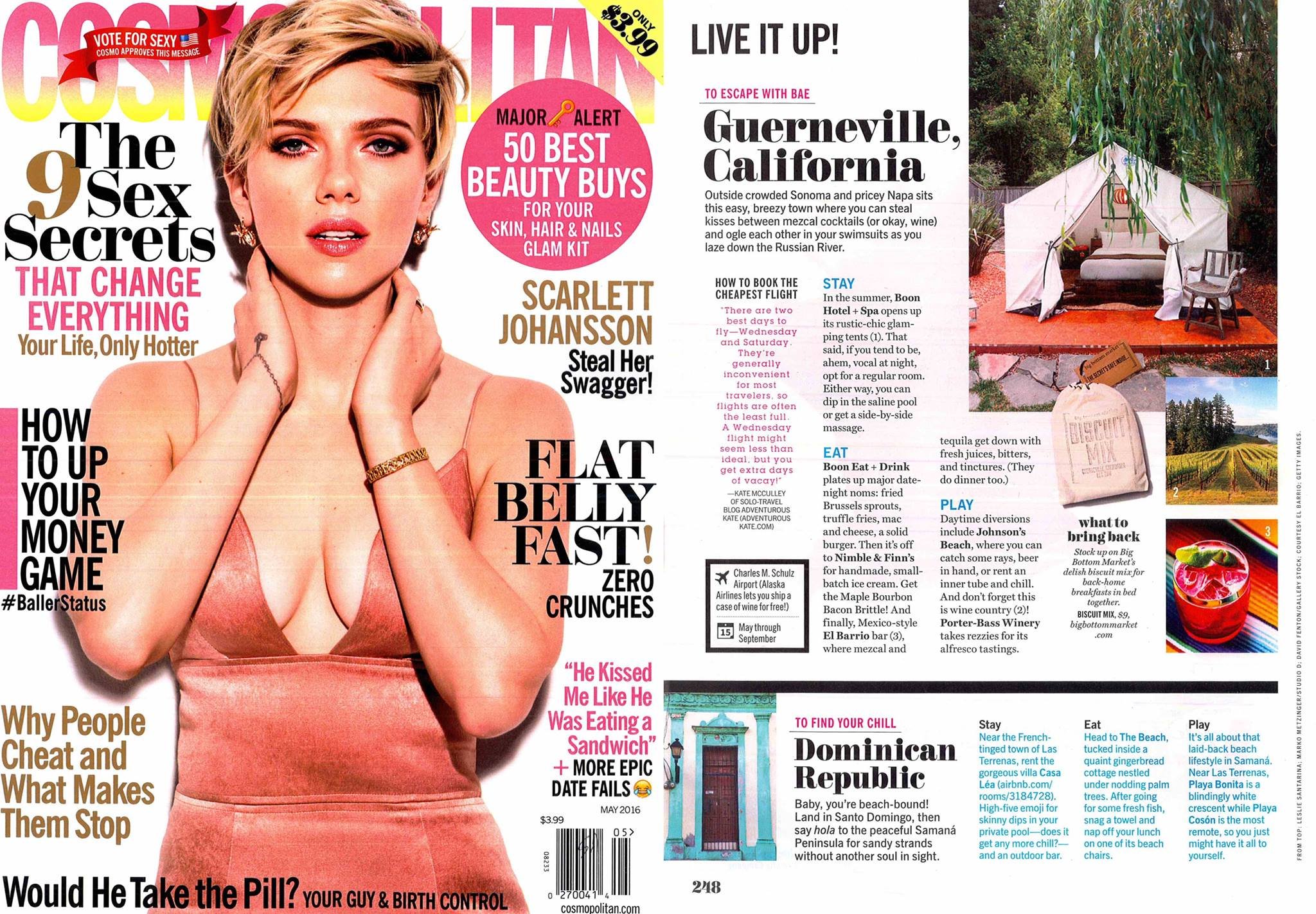 The image shows the cover of Cosmopolitan magazine featuring a close-up of Scarlett Johansson with short blonde hair, wearing makeup, earrings, and a pink dress. The cover includes headlines about beauty tips, fashion, and celebrity gossip.