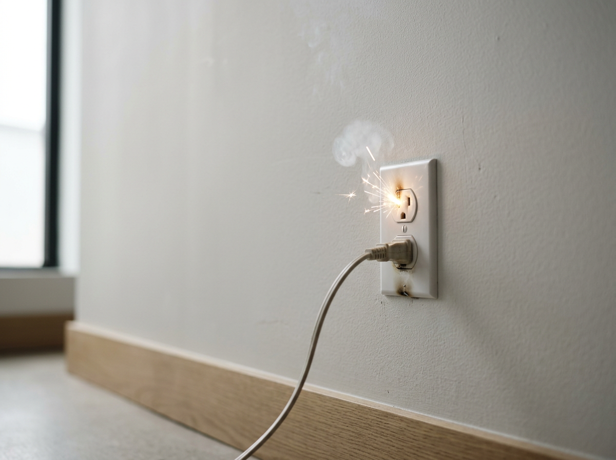 Power outlet with a spark and smoke coming from the electrical socket.