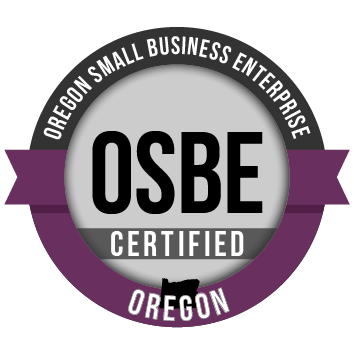 Oregon Small Business Enterprise Certified logo featuring a circular design with 'OSBE' in large text, surrounded by 'Oregon Small Business Enterprise' and 'Certified', and a purple ribbon with 'Oregon' at the bottom.