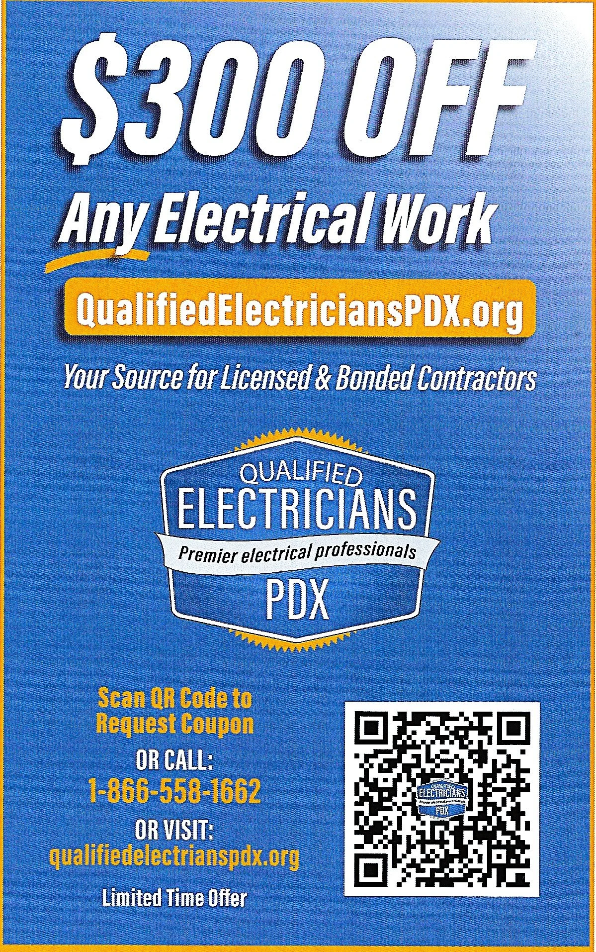 Advertisement offering $300 off electrical work for licensed electricians in Portland, Oregon, with a QR code and phone number for requesting the coupon.