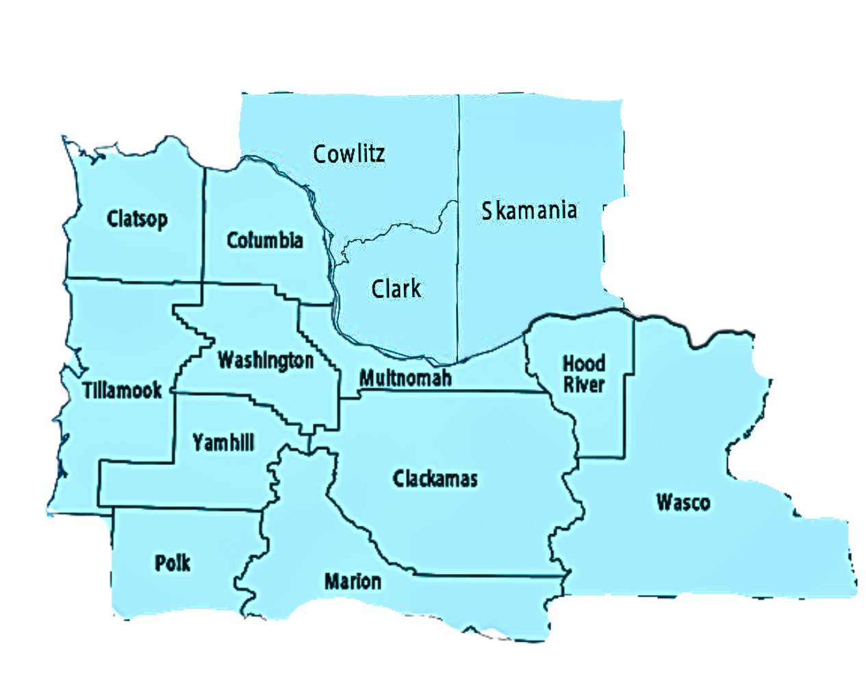 Map of counties in southeastern Washington state, showing Clatsop, Columbia, Cowlitz, Wahington, Tillamook, Yamhill, Polk, Marion, Clark, Multnomah, Hood River, Wasco, Skamania counties.