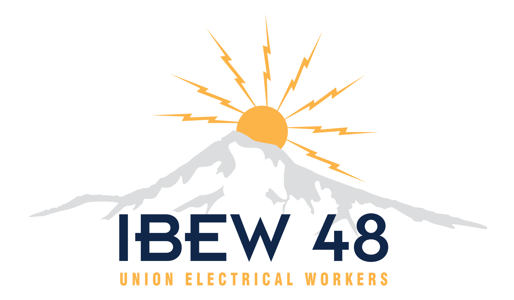 A graphic of a mountain with a lightning bolt feature, a sun with lightning bolts emanating from it, and the words 'BEW 48' and 'Union Electrical Workers' below.
