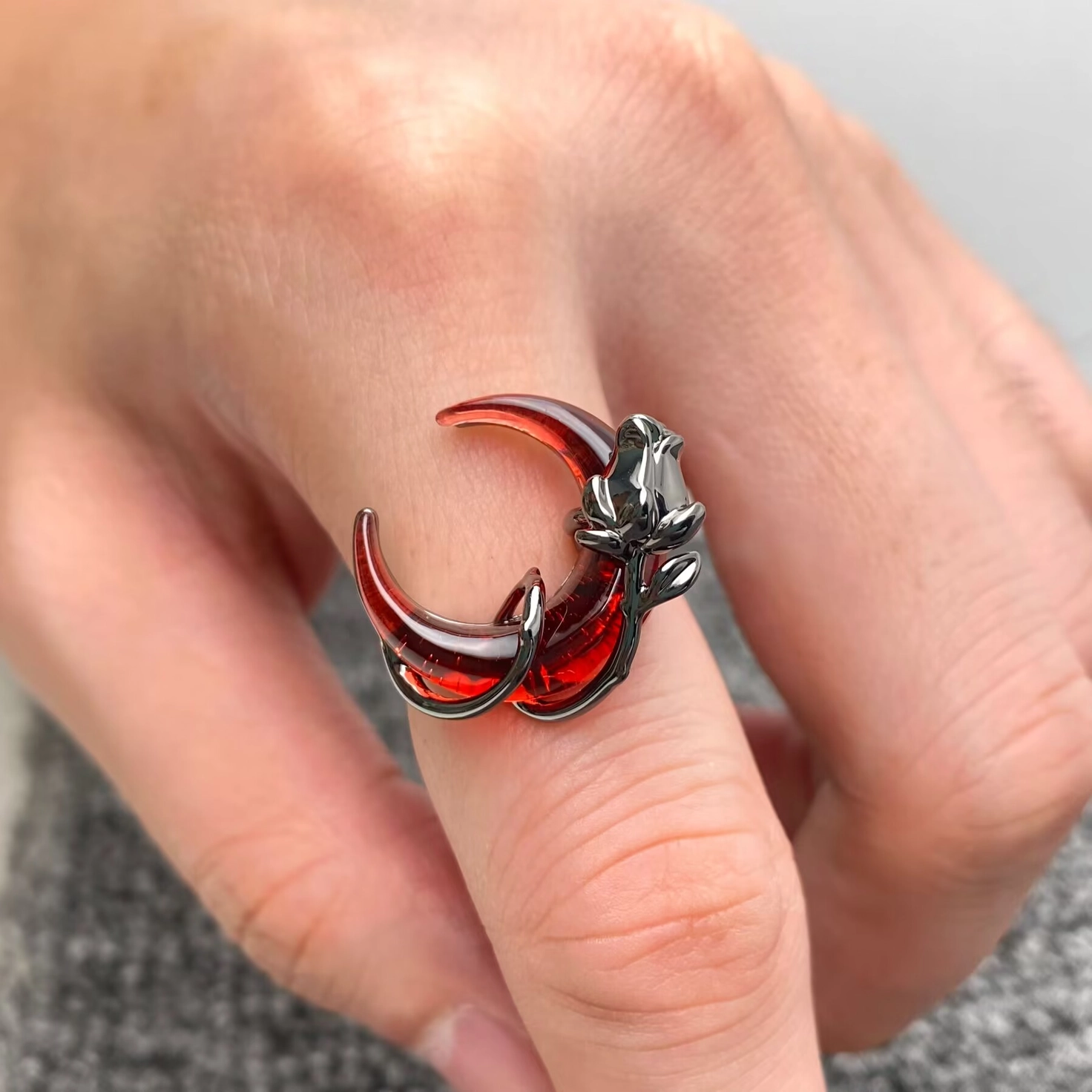 Gun-Black Rose Wrapped Red Crescent Moon Ring