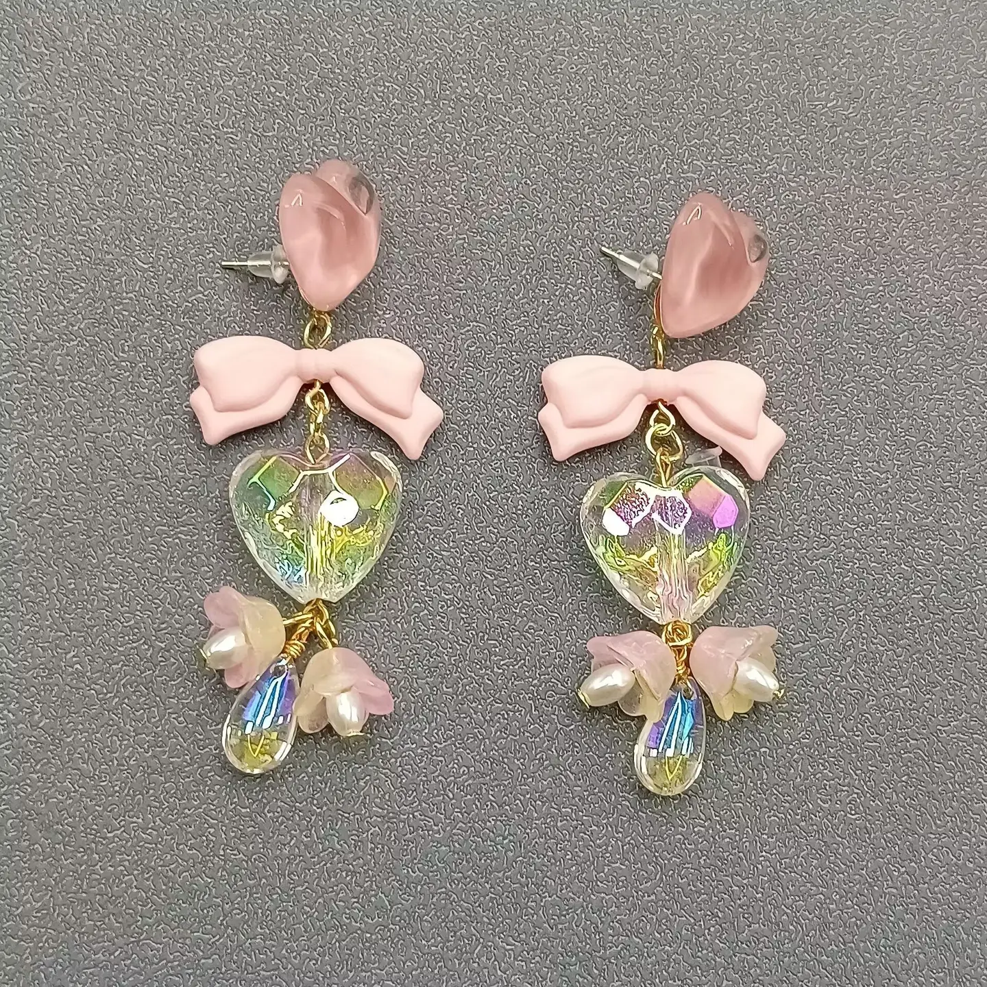 Flower & Heart & Bow Linked Dangle Earrings