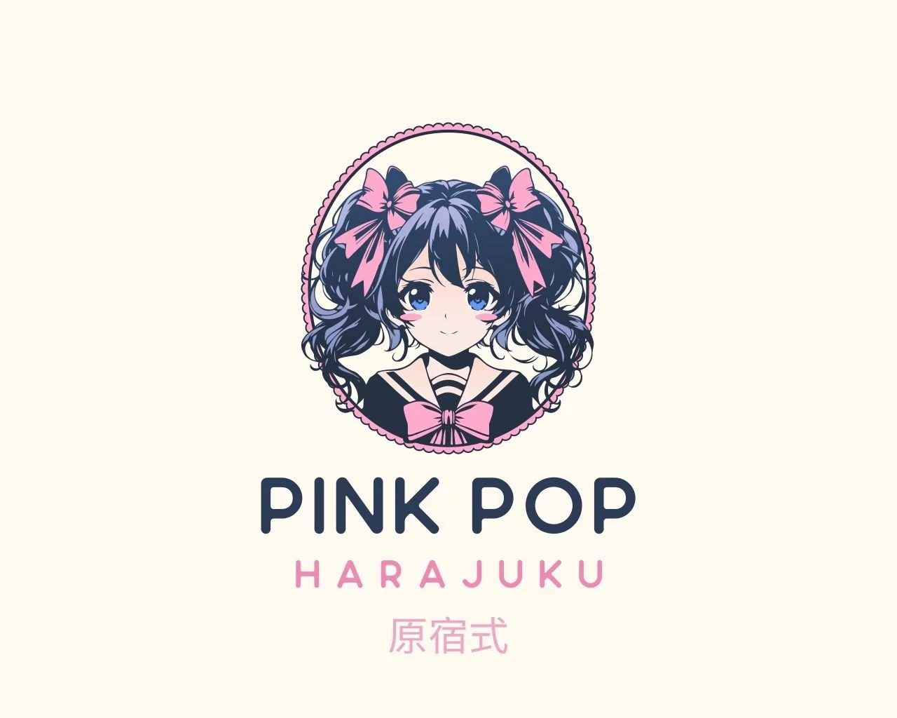 Illustration of a cute anime-style girl with dark hair, blue eyes, and pink bows, surrounded by pink decorative border. Text reads 'Pink Pop Harajuku' with Japanese characters below.