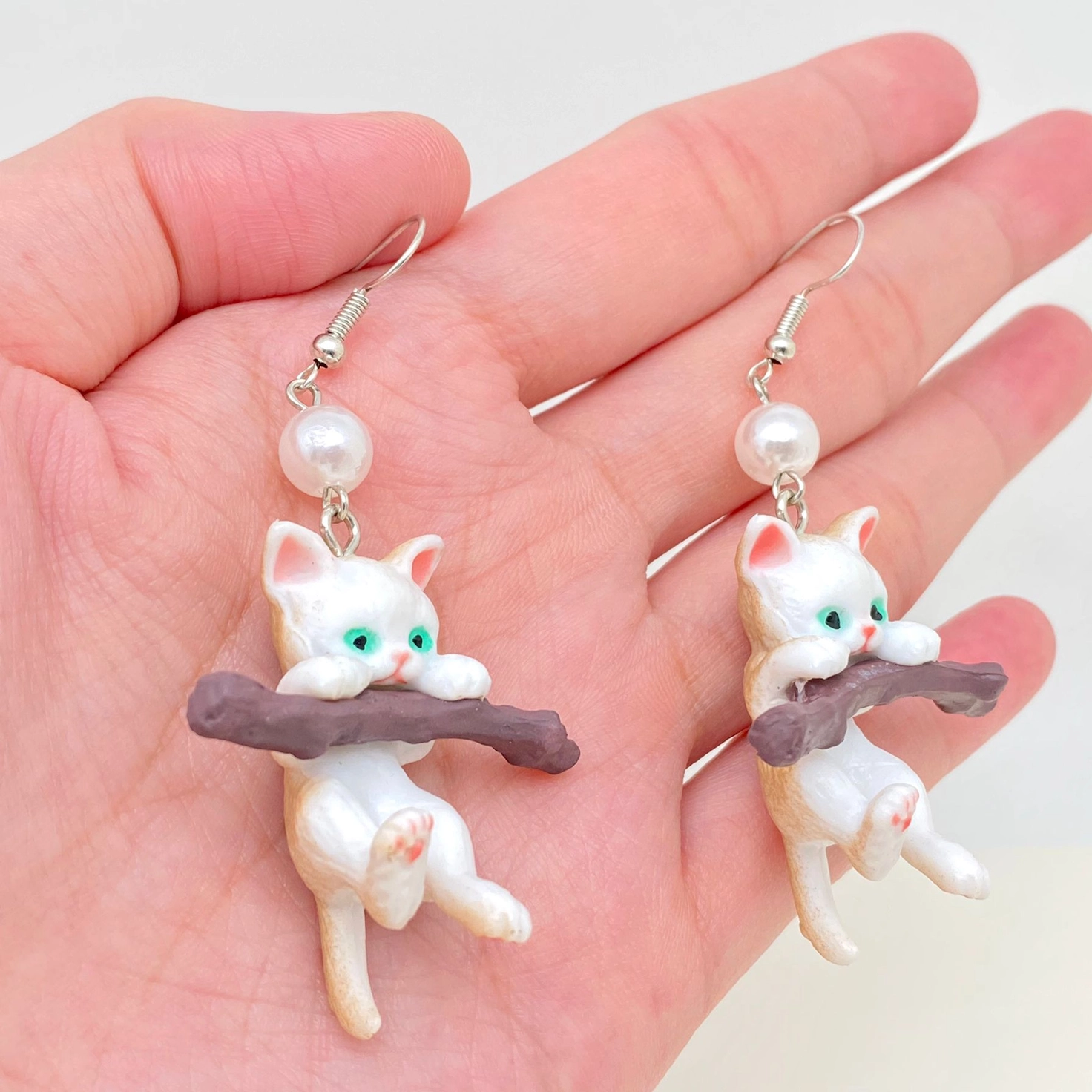 Branch White Cat Charm Dangle Earrings