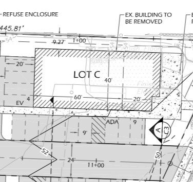 A technical blueprint or site plan showing a lot designated as Lot C, including measurements, boundaries, and construction notes.