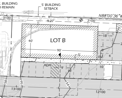 A technical site plan showing lot boundaries, setbacks, measurements, and building details labeled as LOT B, ADA access, and other construction elements.
