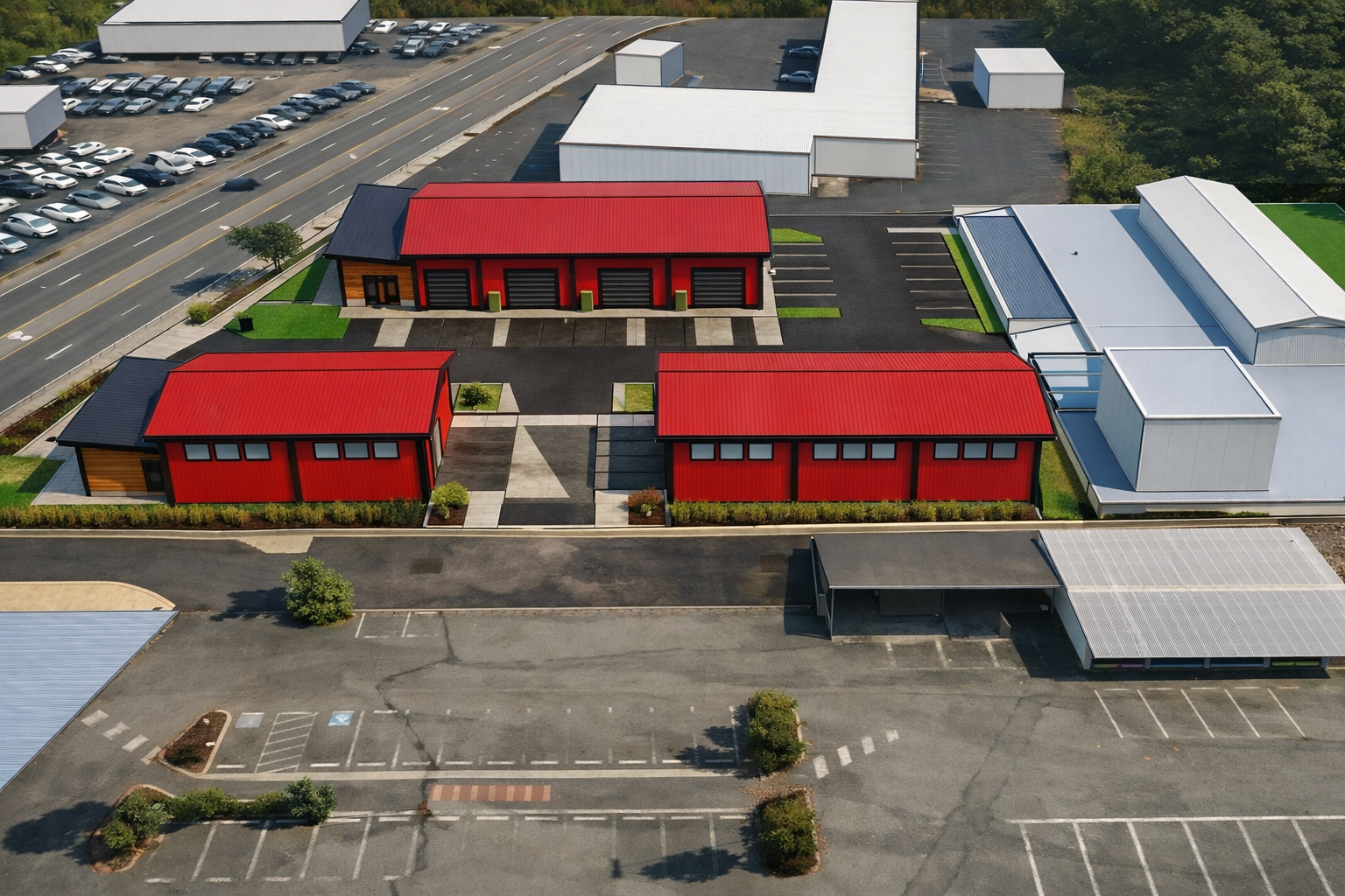 Aerial view of a commercial complex with three red buildings, parking lot, and surrounding white industrial buildings and empty parking spaces.