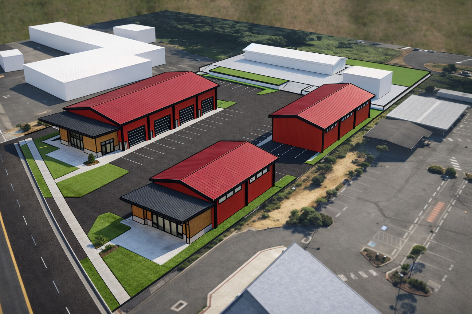 3D rendering of a commercial building complex with red metal roofs, parking lots, landscaped areas, and other buildings in the background.