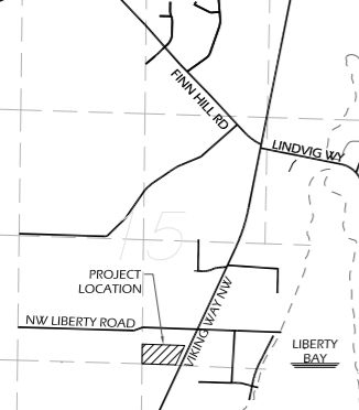 Map showing streets including Fin Hill Road, Lindvig Way, NW Liberty Road, and Vining Lane, with a marked project location and Liberty Bay nearby.