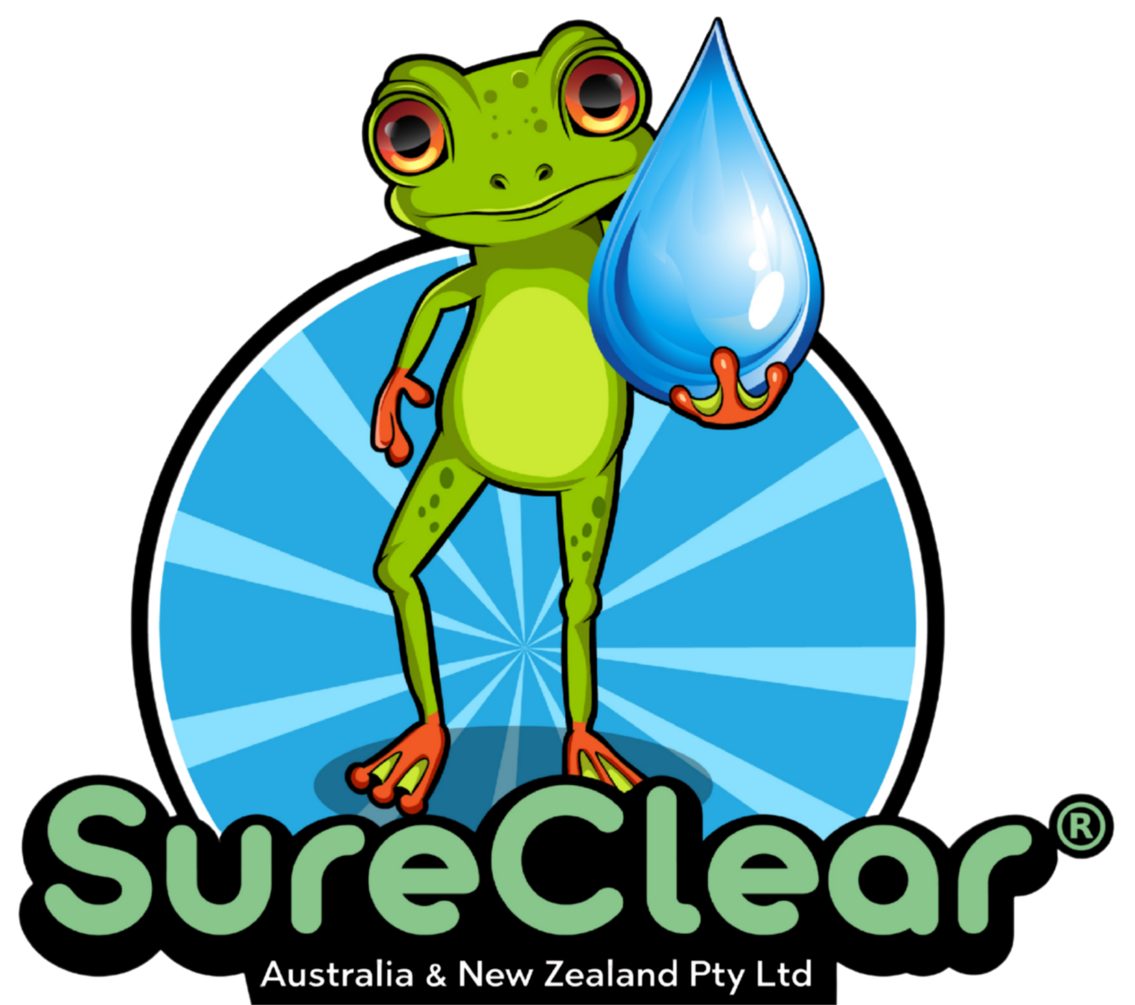 A cartoon frog holding a large blue water droplet, standing in front of a blue radial background with the text "sureClear" at the bottom.