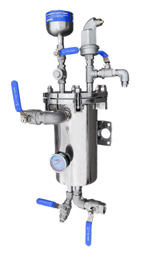 Industrial filtration or separation device with pipes, gauges, and valves, featuring blue and pink color accents.