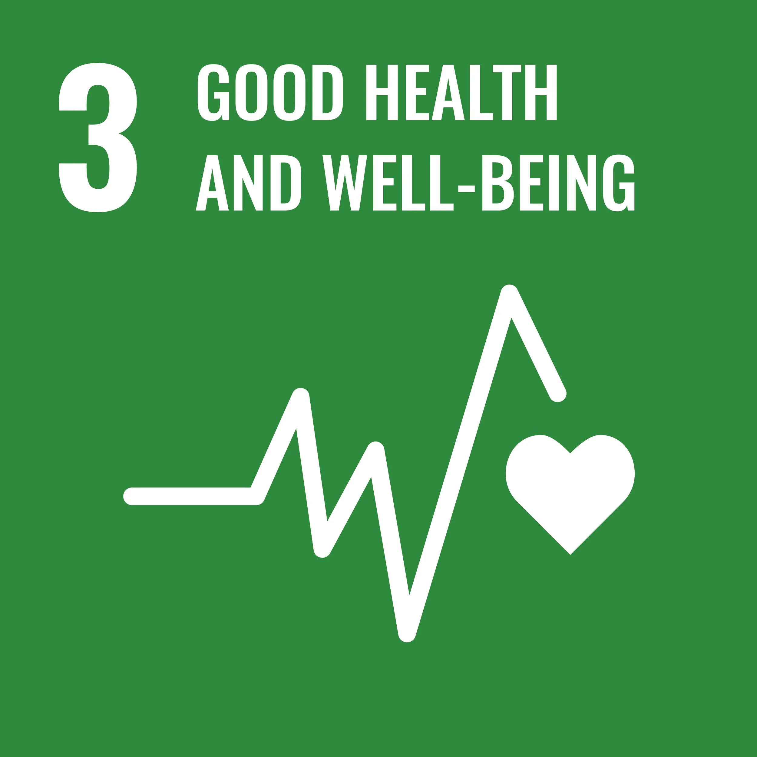 Green background with white text and icons promoting good health and well-being, featuring the number 3, a heart rate line, and a heart icon.
