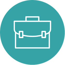 Icon of a briefcase on a teal circular background.