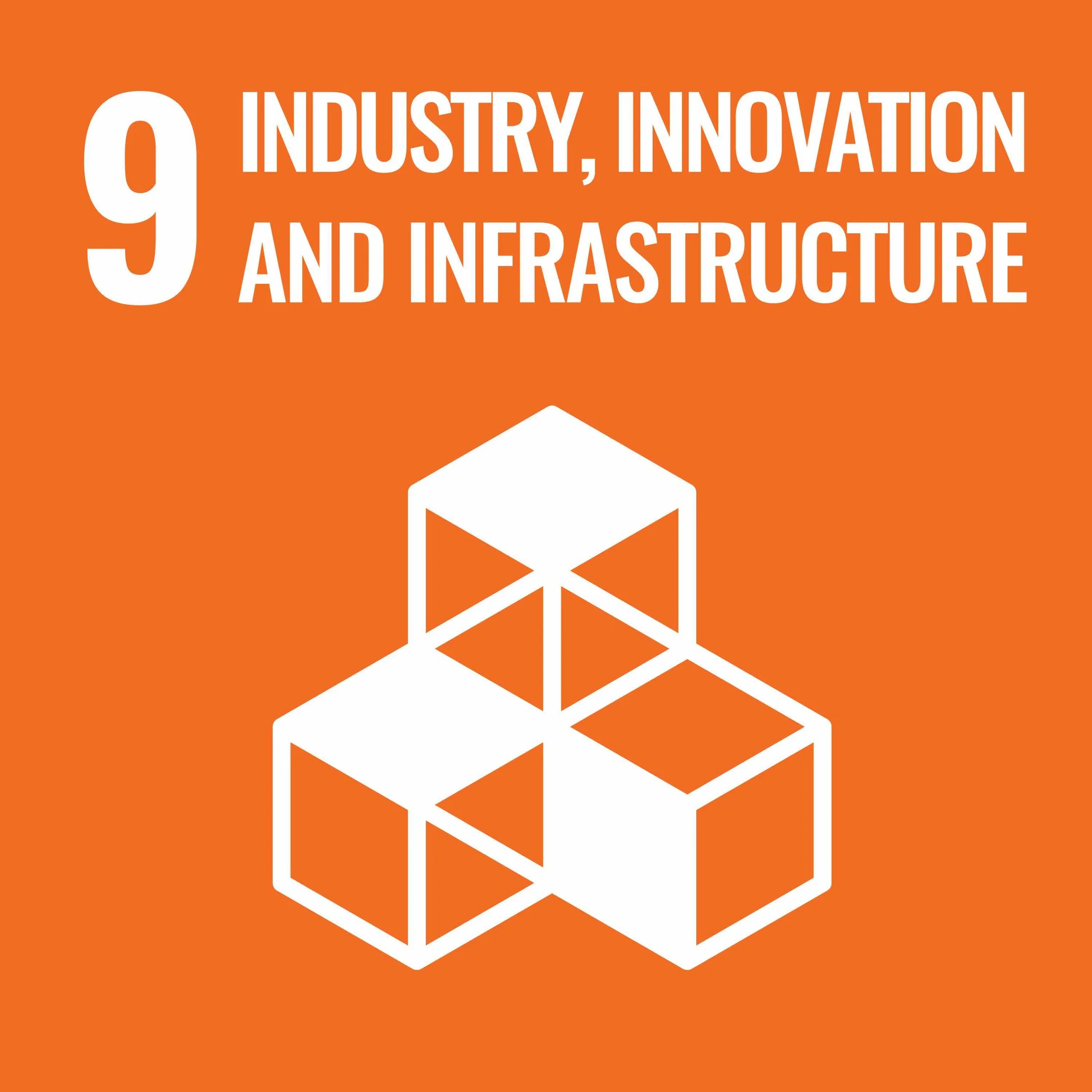 SDG 9: Industry, Innovation, and Infrastructure logo with an orange background, white text, and a geometric pattern of white cubes.