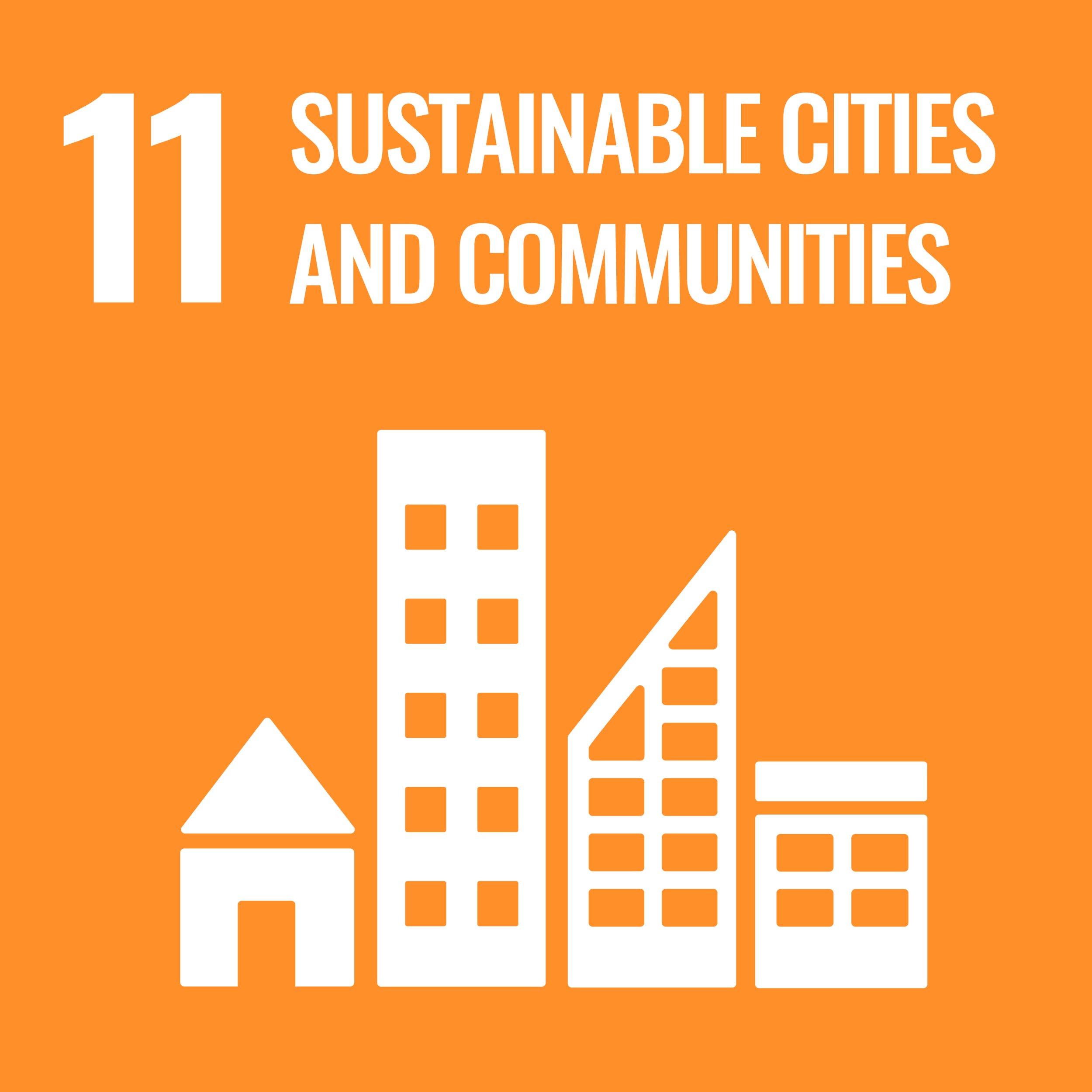 Icon representing buildings and a house with the text '11 SUSTAINABLE CITIES AND COMMUNITIES' on an orange background.