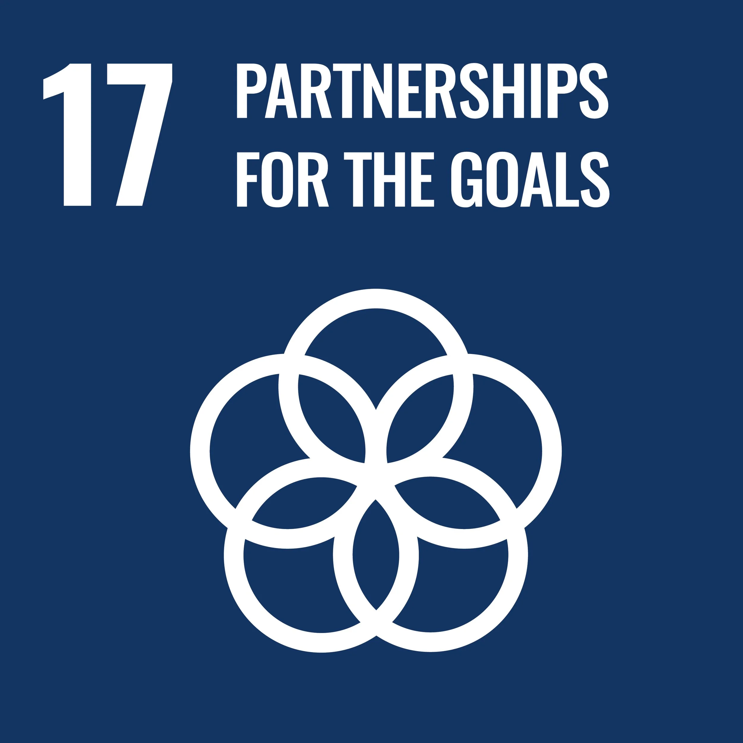 Graphic promoting partnerships for the 17 Sustainable Development Goals, featuring the number 17 and interconnected rings symbolizing collaboration.