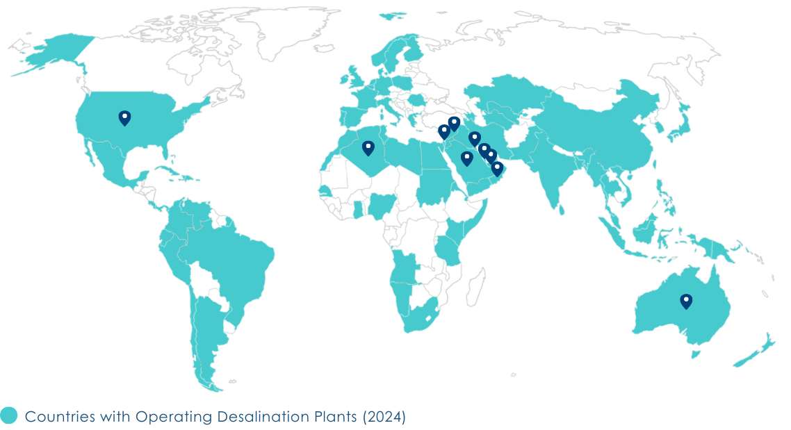 World map highlighting countries with operating desalination plants in 2024, marked with blue dots.