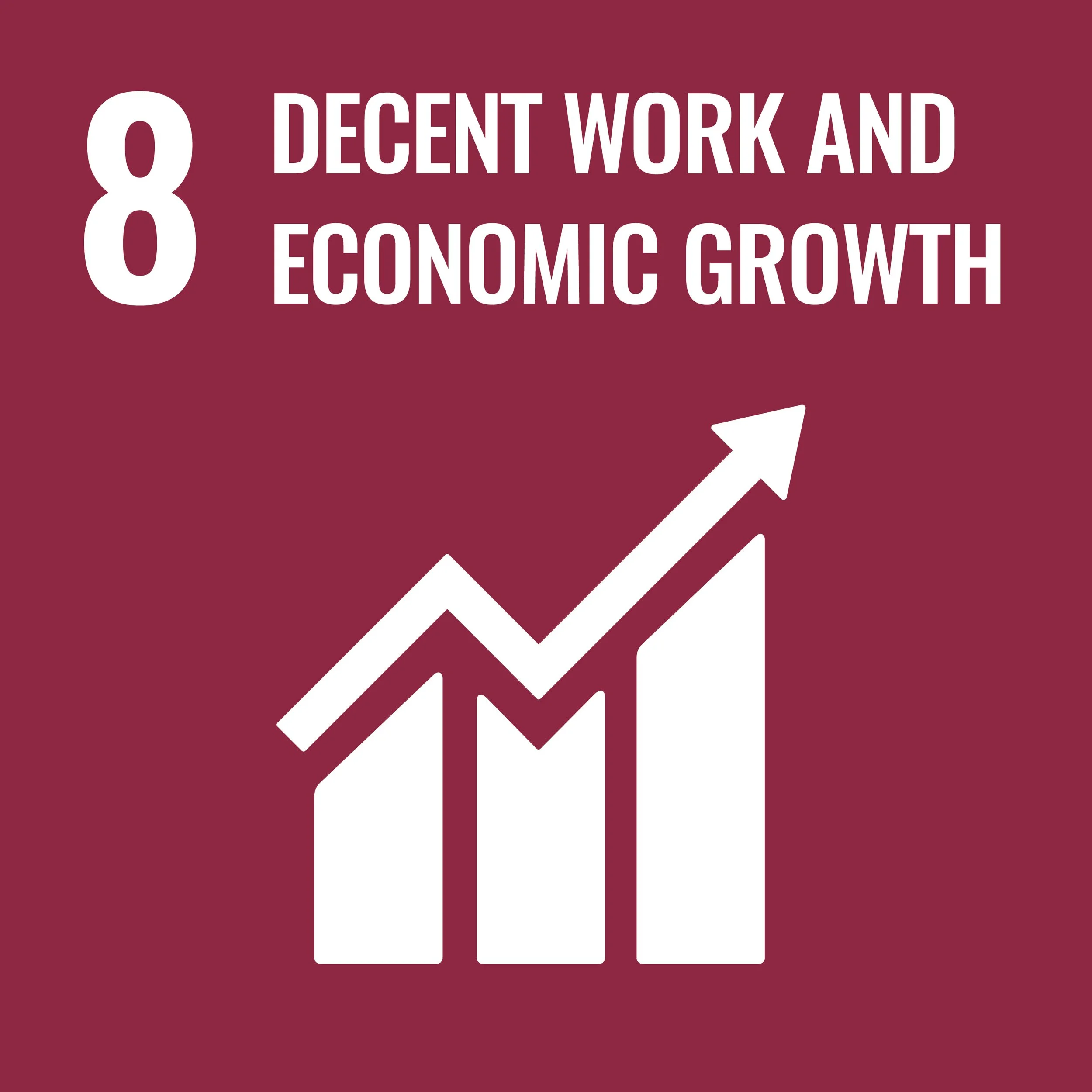 A graphic showing the United Nations Sustainable Development Goal 8, promoting decent work and economic growth, with a bar chart and upward arrow.